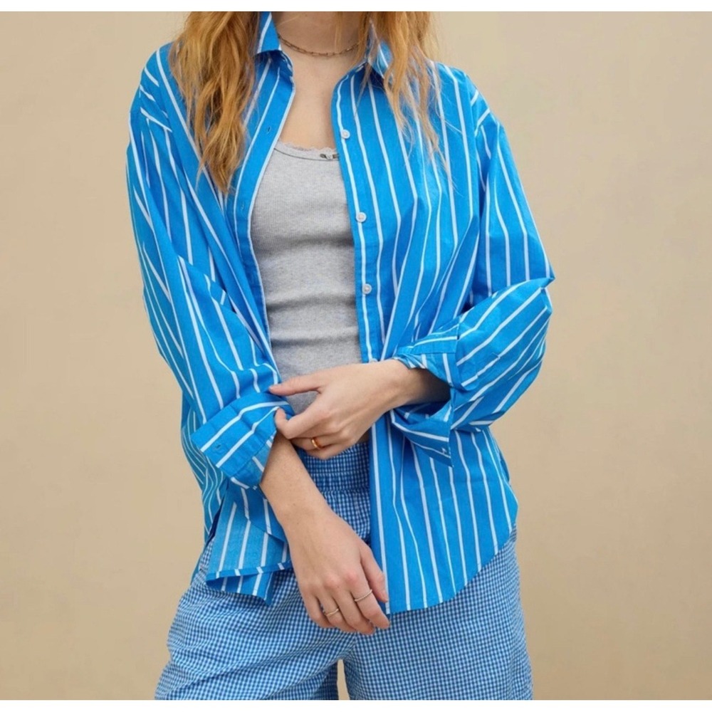 aerie Blue and White Striped Button-Down Shirt